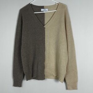 Magaschoni 100% Cashmere V-Neck Colorblock Sweater Knit Womens Sz XL‎ Grey Beige